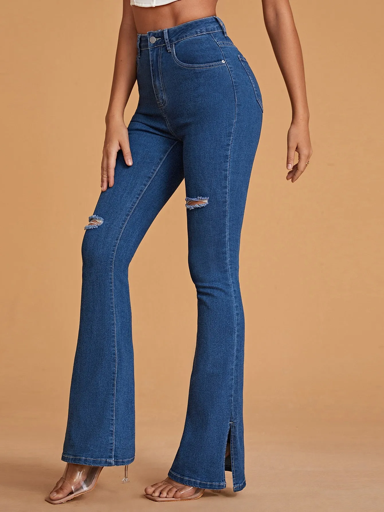 Ripped Flare Leg Jeans with High Waist