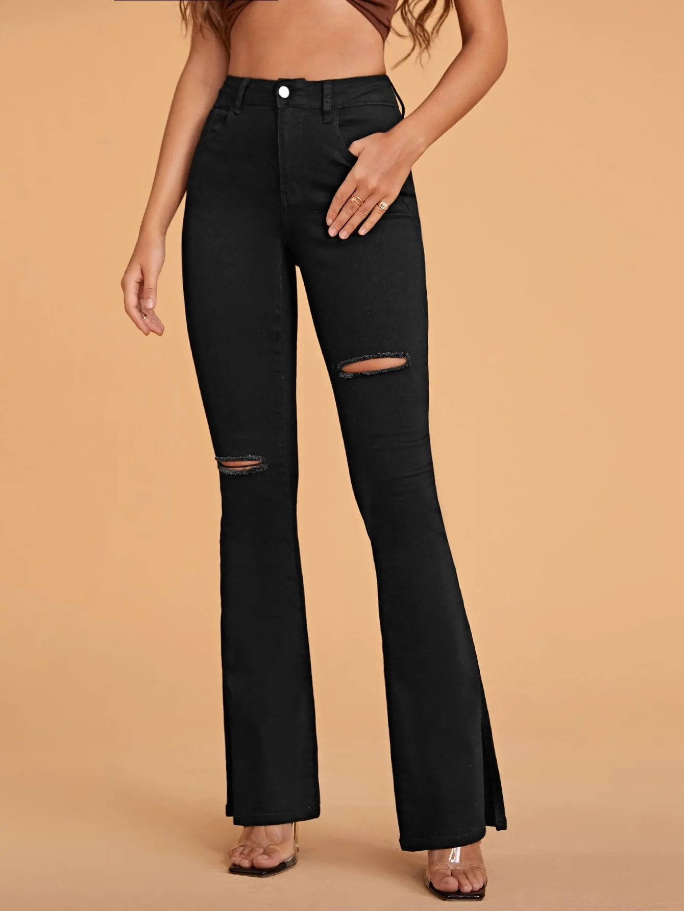 Ripped Flare Leg Jeans with High Waist