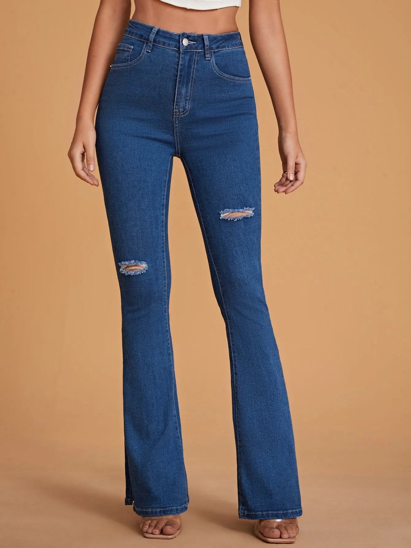 Ripped Flare Leg Jeans with High Waist