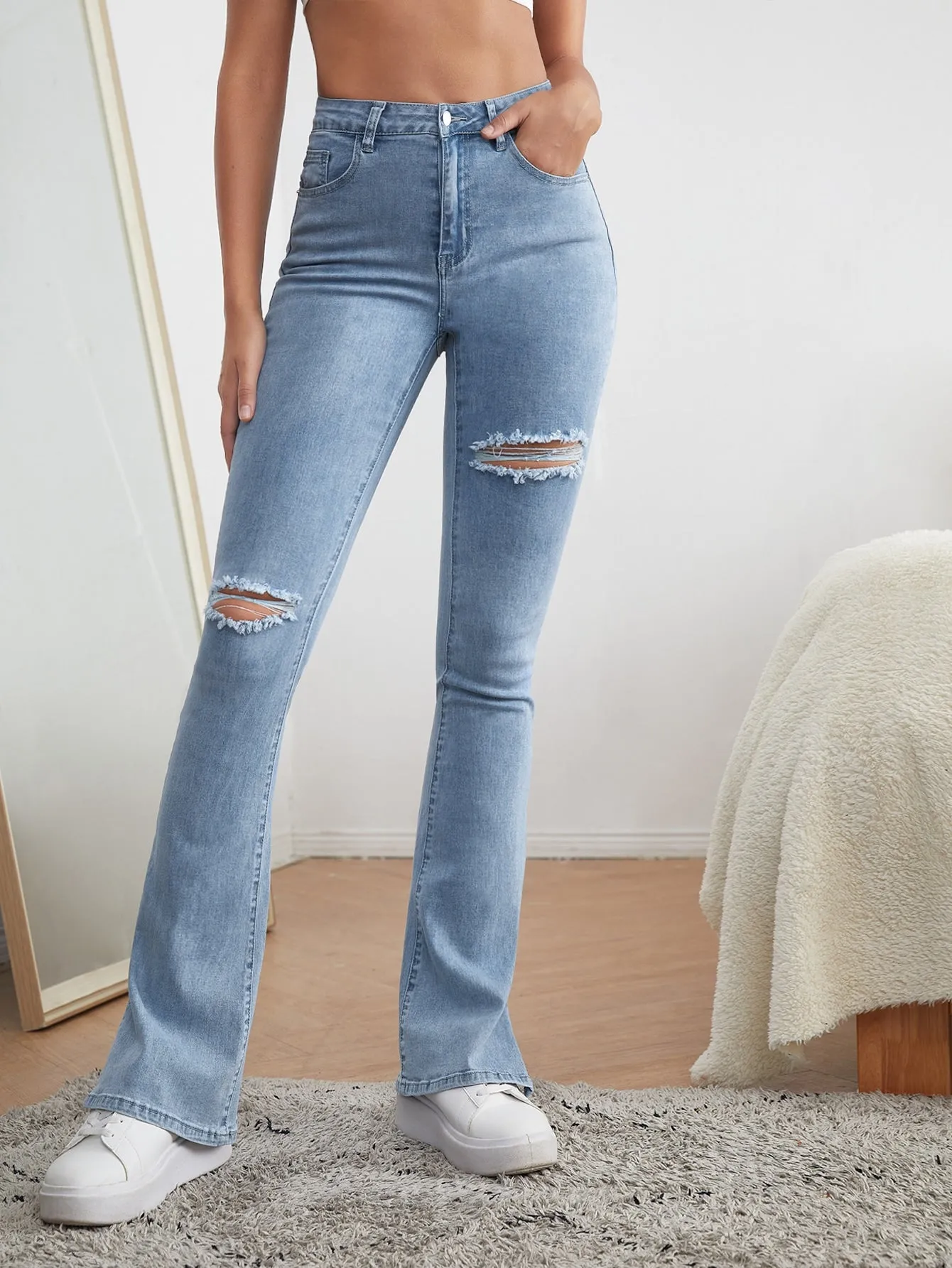 Ripped Flare Leg Jeans with High Waist