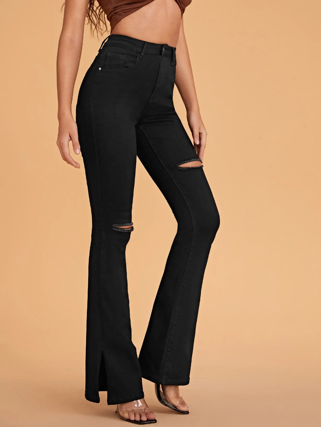 Ripped Flare Leg Jeans with High Waist