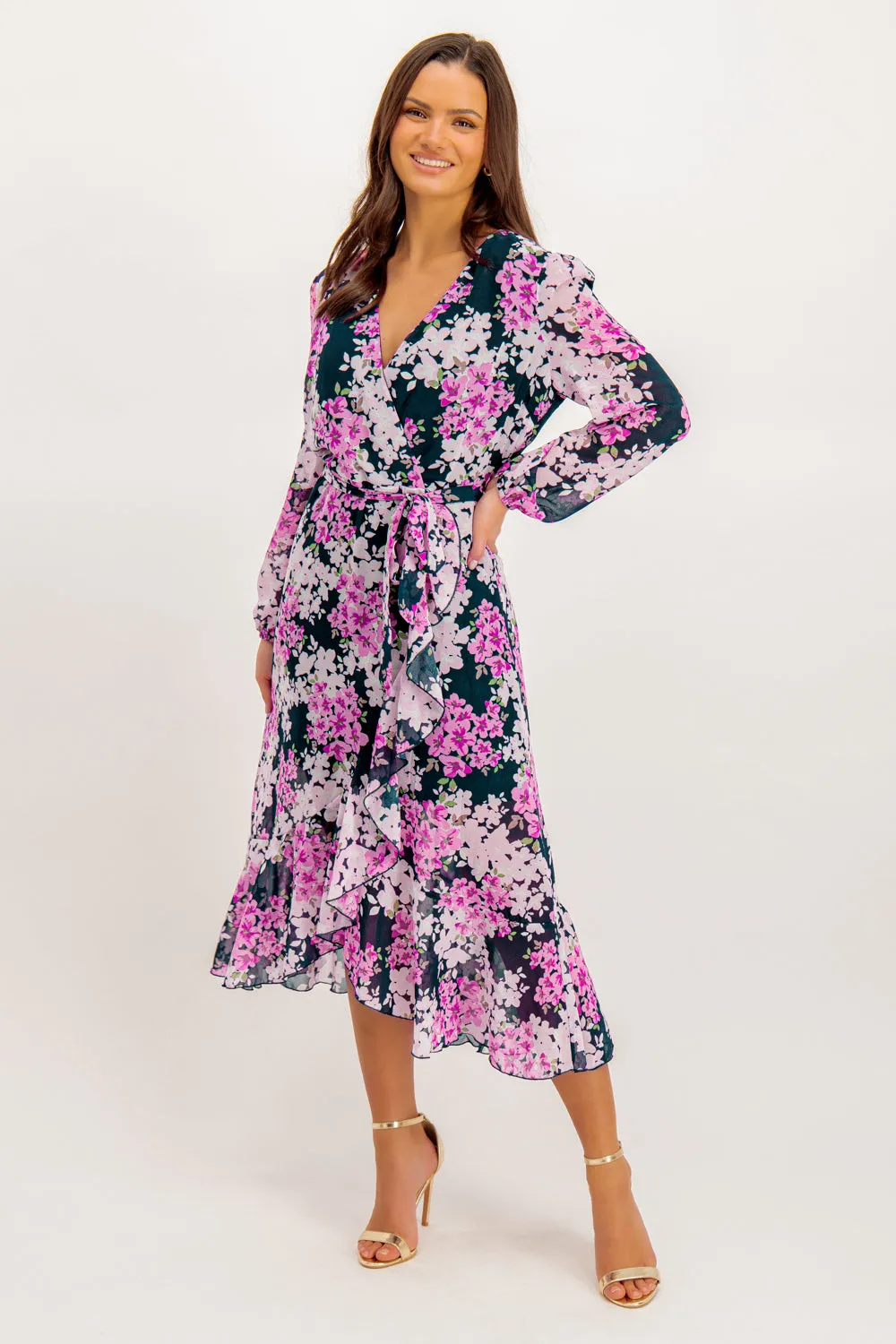Ruby Navy & Pink Floral Chiffon Dress