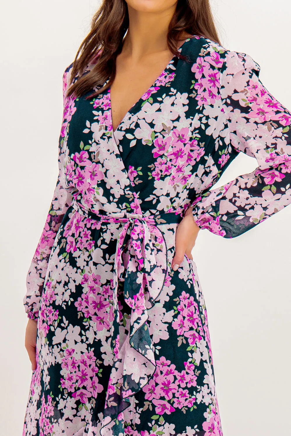 Ruby Navy & Pink Floral Chiffon Dress