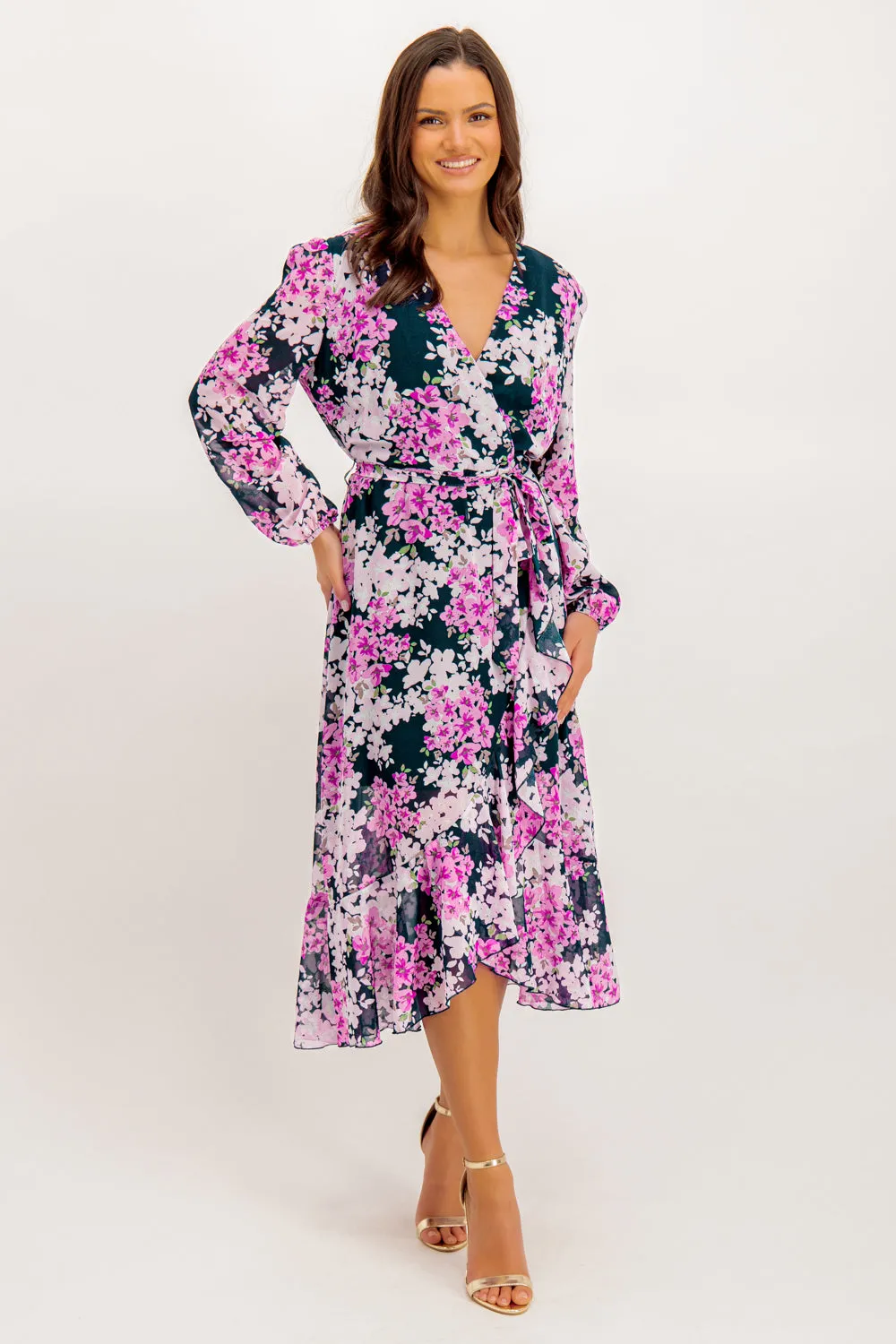 Ruby Navy & Pink Floral Chiffon Dress