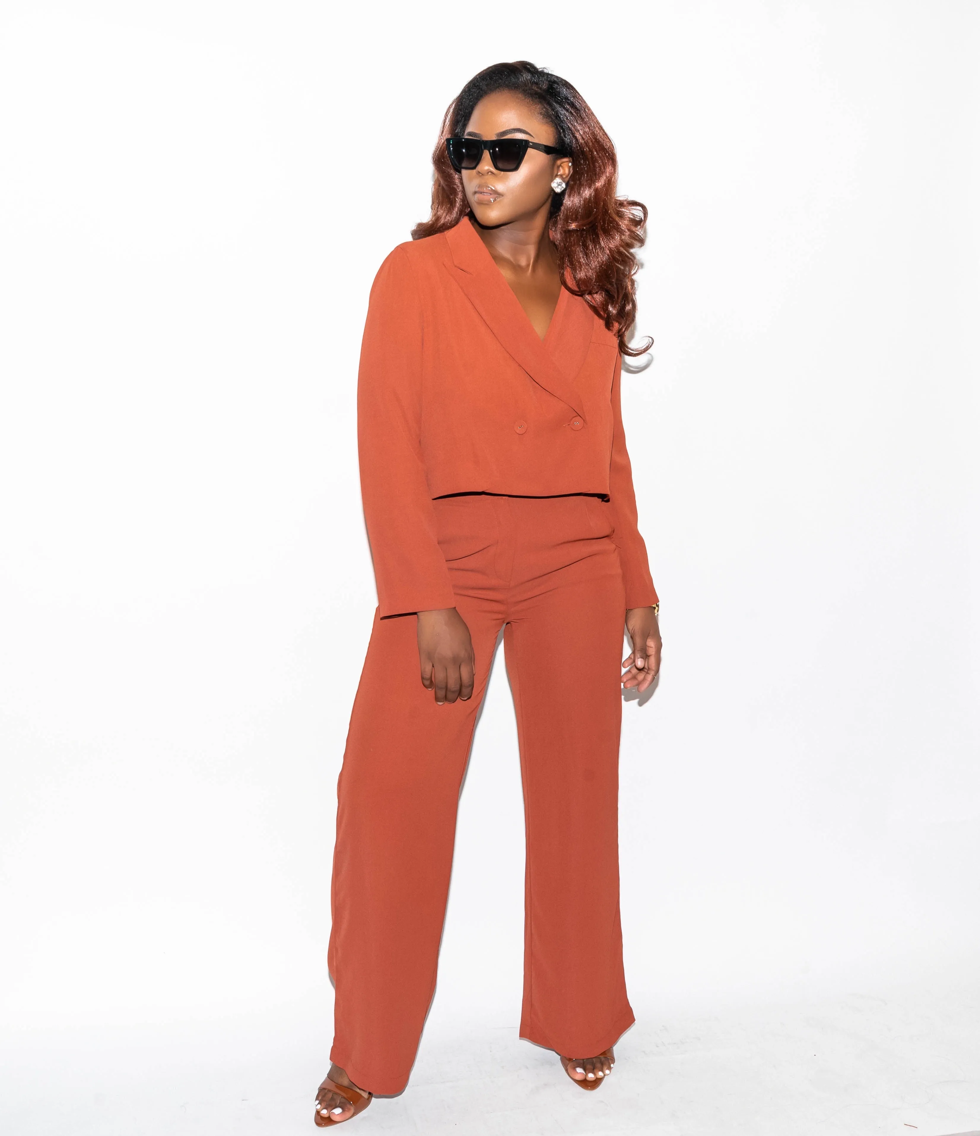 Rust Cropped Blazer Suit Set