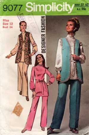 Simplicity 9077 Womens Designer Long Vest Tunic & Pants 1970s Vintage Sewing Pattern Size 12 Bust 34 inches