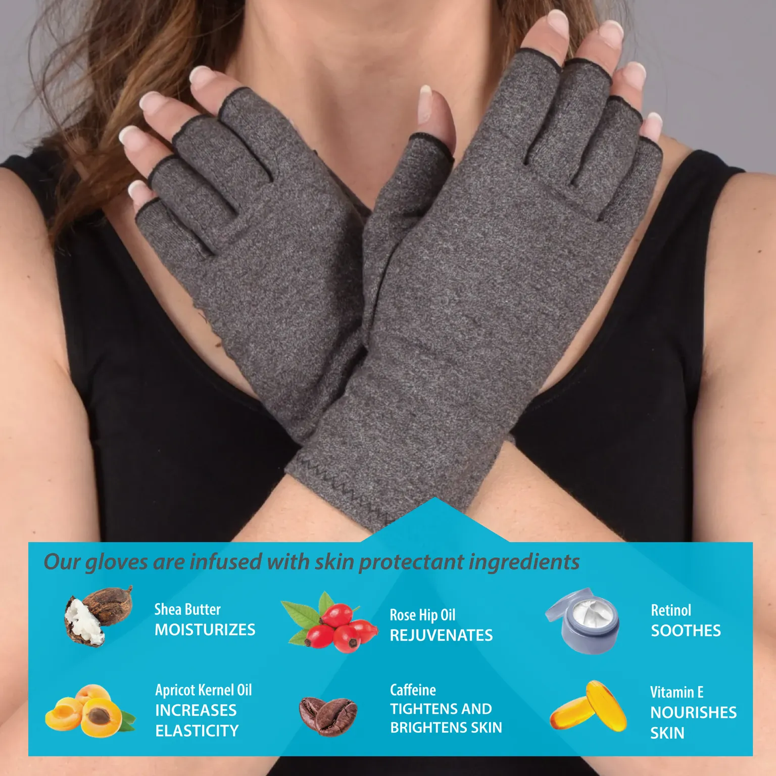 Skineez Compression Gloves with Moisturizing Benefits, Advanced Healing Medical Grade Compression with an Open Finger Design, Provides Support for Arthritis, Tendonitis & More, Gray, One Size, 1 Pair