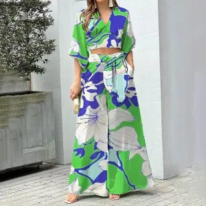 Sleeve V-neck Tropical Floral Crop Top with High Waisted Wide Leg Palazzo Pants Funky Women Matching Sets S457825
