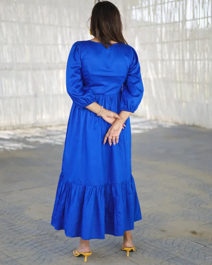 Solid Electric Blue Tiered Midi Dress