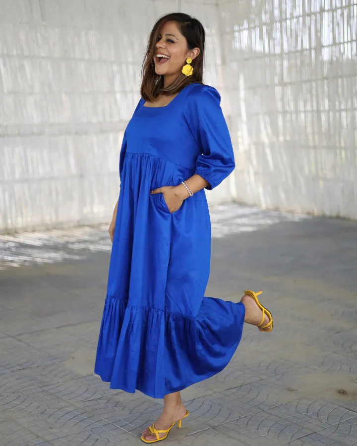 Solid Electric Blue Tiered Midi Dress