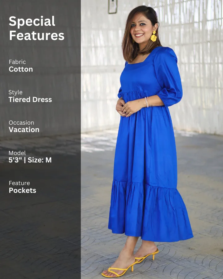 Solid Electric Blue Tiered Midi Dress
