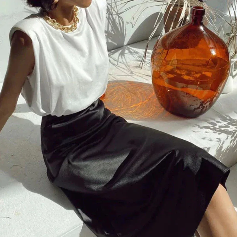 Solid Satin Midi Skirt
