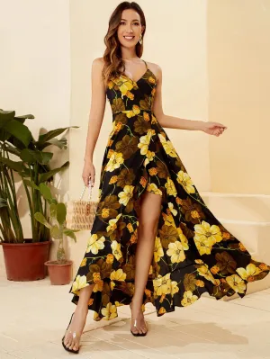 Spaghetti Strap Sleeveless Allover Floral Print Ruffle Trim Wrap Hem Dress