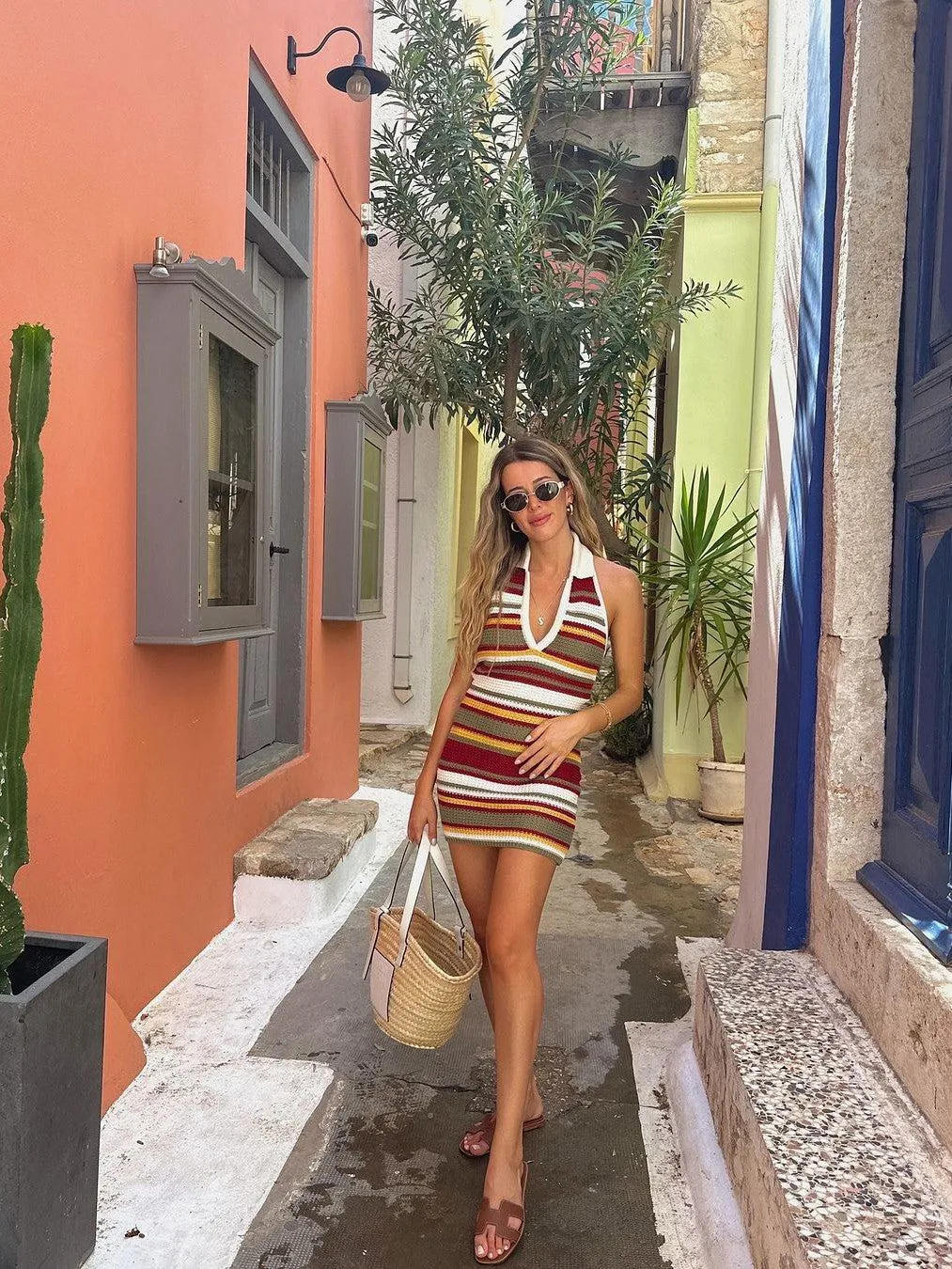 Spiti Halterneck Knitted Striped Bodycon Dress