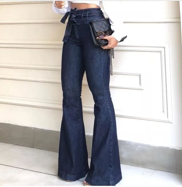 Spring Festival High Waist Hip Temperament Commute Lace-up Pants Wide-leg Jeans Women's Bell-bottom