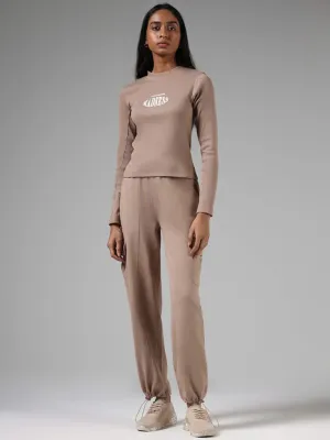 Studiofit Beige Adjustable Cotton Relaxed-Fit Mid-Rise Cargo Joggers