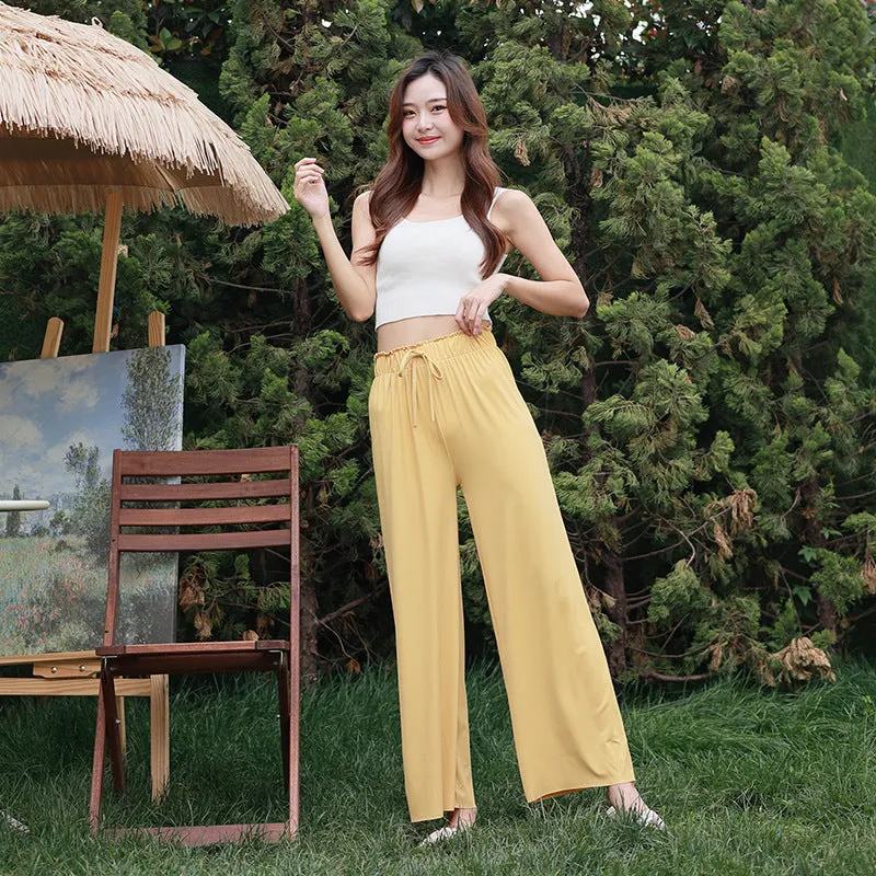 Summer Ice Silk Wide Leg Pants Women High Waist Slim Look All-Matching Candy Colors Casual Pants