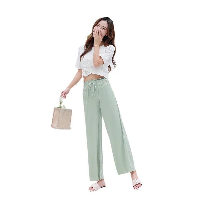 Summer Ice Silk Wide Leg Pants Women High Waist Slim Look All-Matching Candy Colors Casual Pants