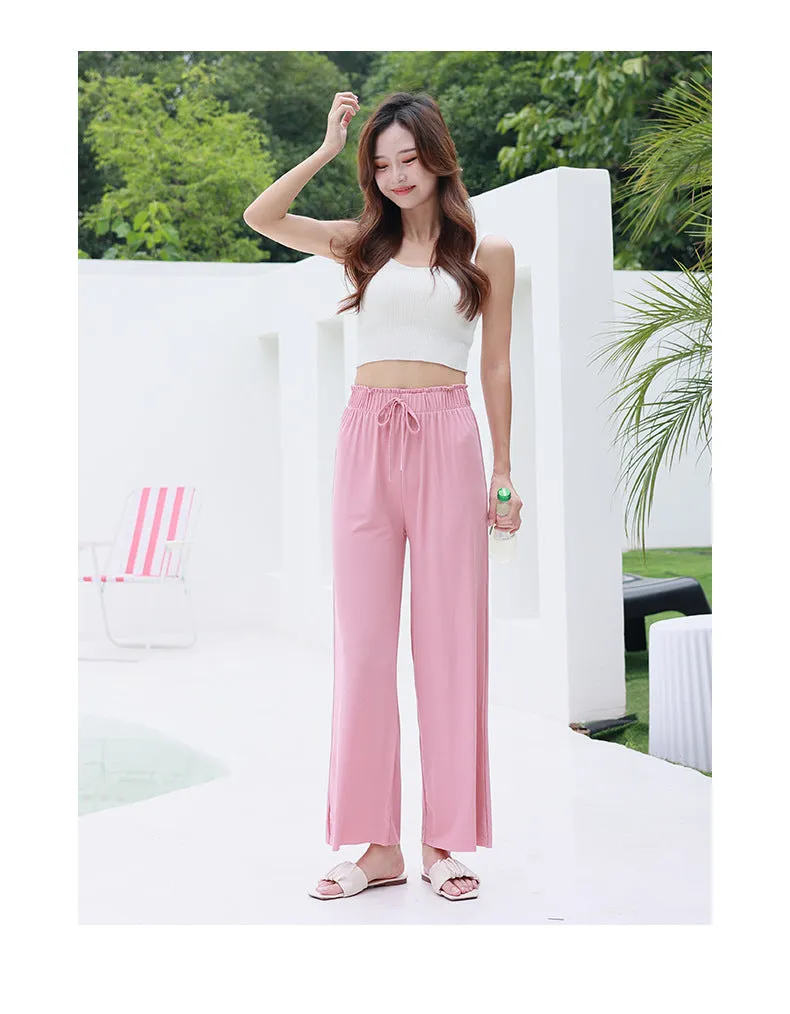 Summer Ice Silk Wide Leg Pants Women High Waist Slim Look All-Matching Candy Colors Casual Pants