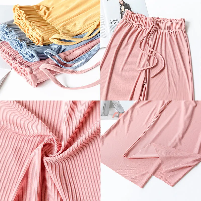 Summer Ice Silk Wide Leg Pants Women High Waist Slim Look All-Matching Candy Colors Casual Pants