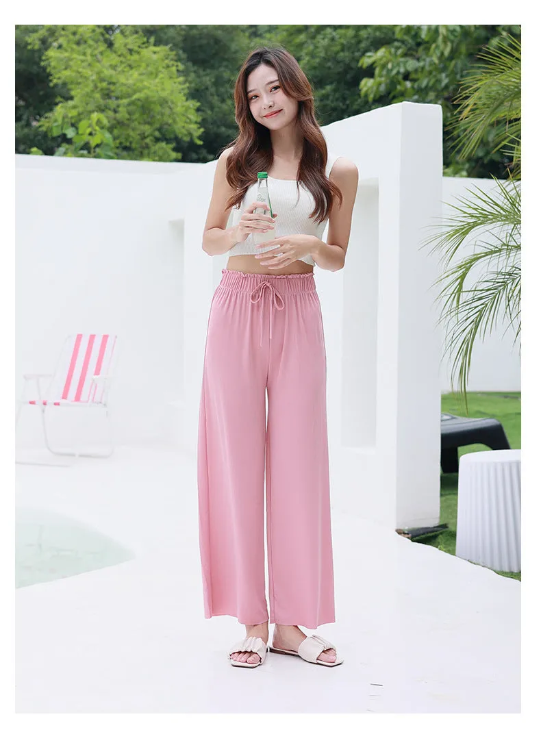 Summer Ice Silk Wide Leg Pants Women High Waist Slim Look All-Matching Candy Colors Casual Pants