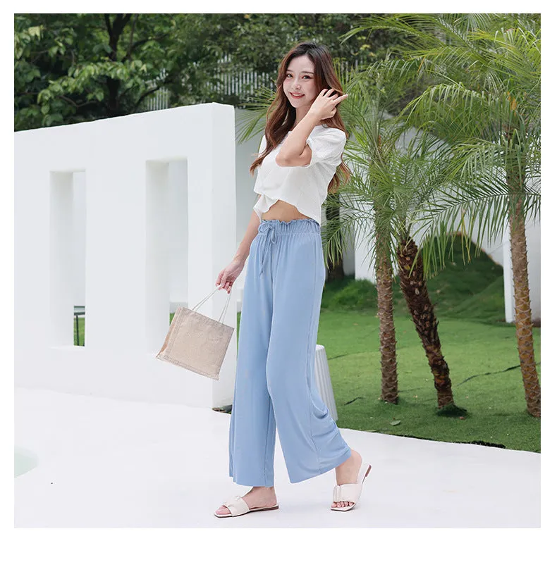 Summer Ice Silk Wide Leg Pants Women High Waist Slim Look All-Matching Candy Colors Casual Pants