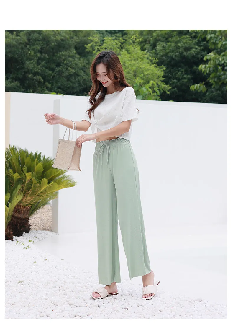 Summer Ice Silk Wide Leg Pants Women High Waist Slim Look All-Matching Candy Colors Casual Pants