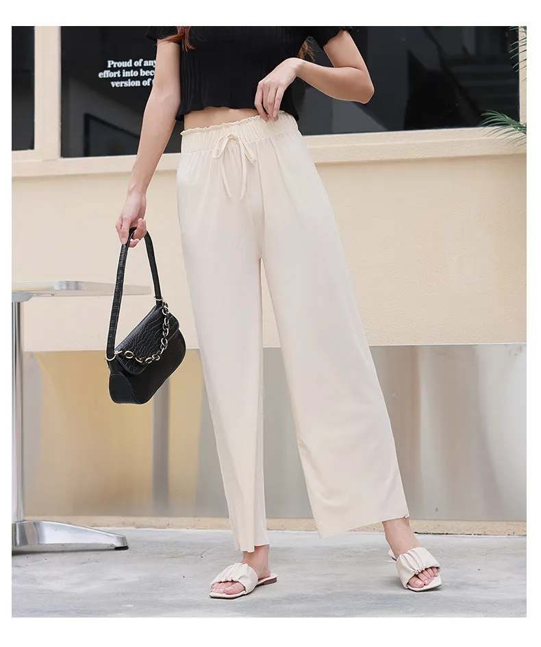 Summer Ice Silk Wide Leg Pants Women High Waist Slim Look All-Matching Candy Colors Casual Pants