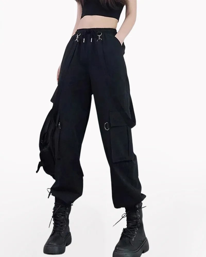 Techwear Women Black Straps Cargo Pants