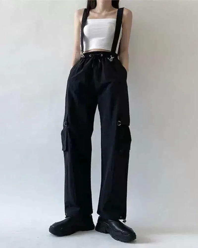 Techwear Women Black Straps Cargo Pants
