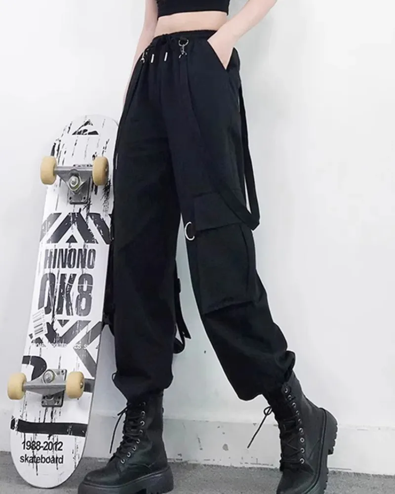 Techwear Women Black Straps Cargo Pants