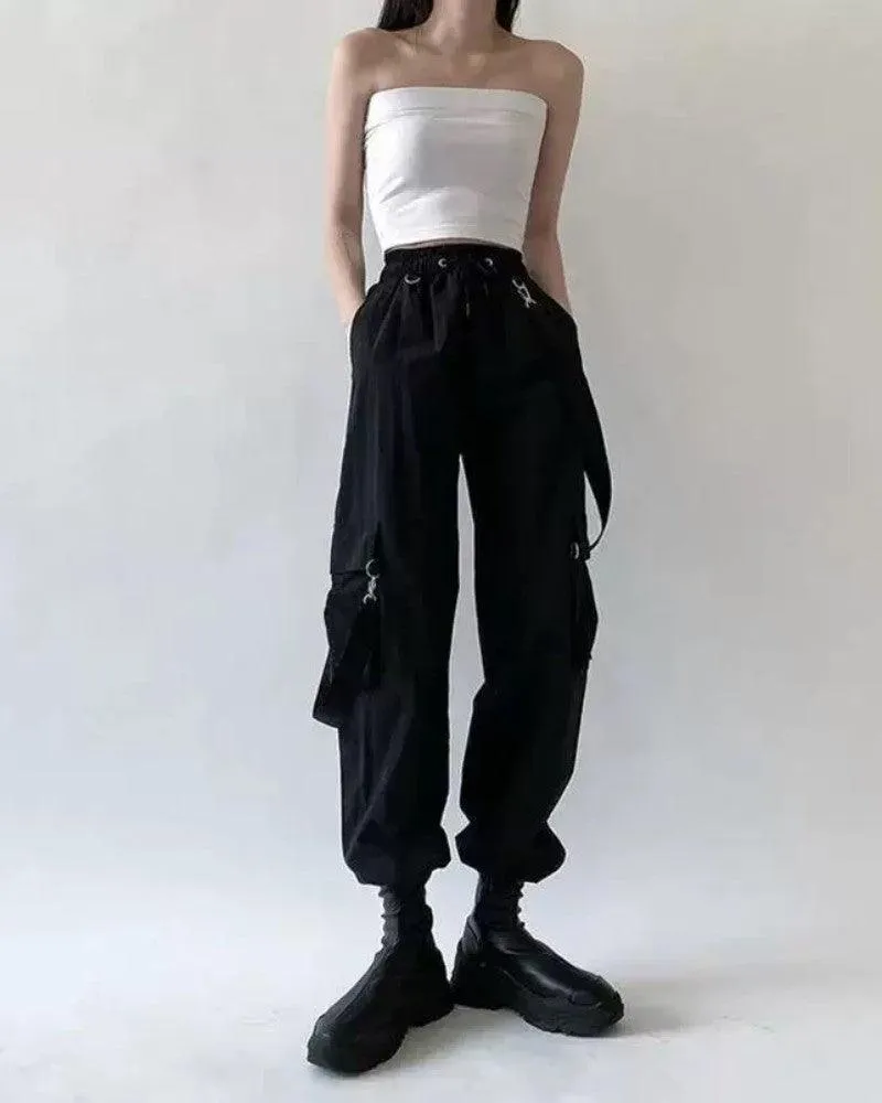 Techwear Women Black Straps Cargo Pants