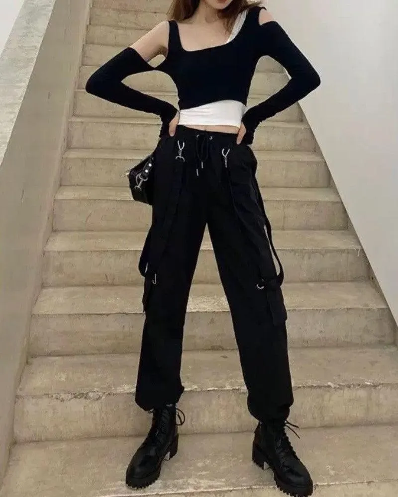 Techwear Women Black Straps Cargo Pants