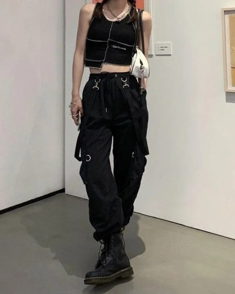 Techwear Women Black Straps Cargo Pants