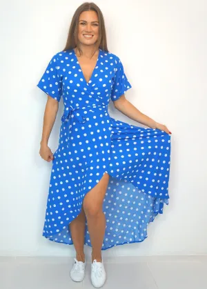 The Maxi Wrap Dress - Royal Blue Polka