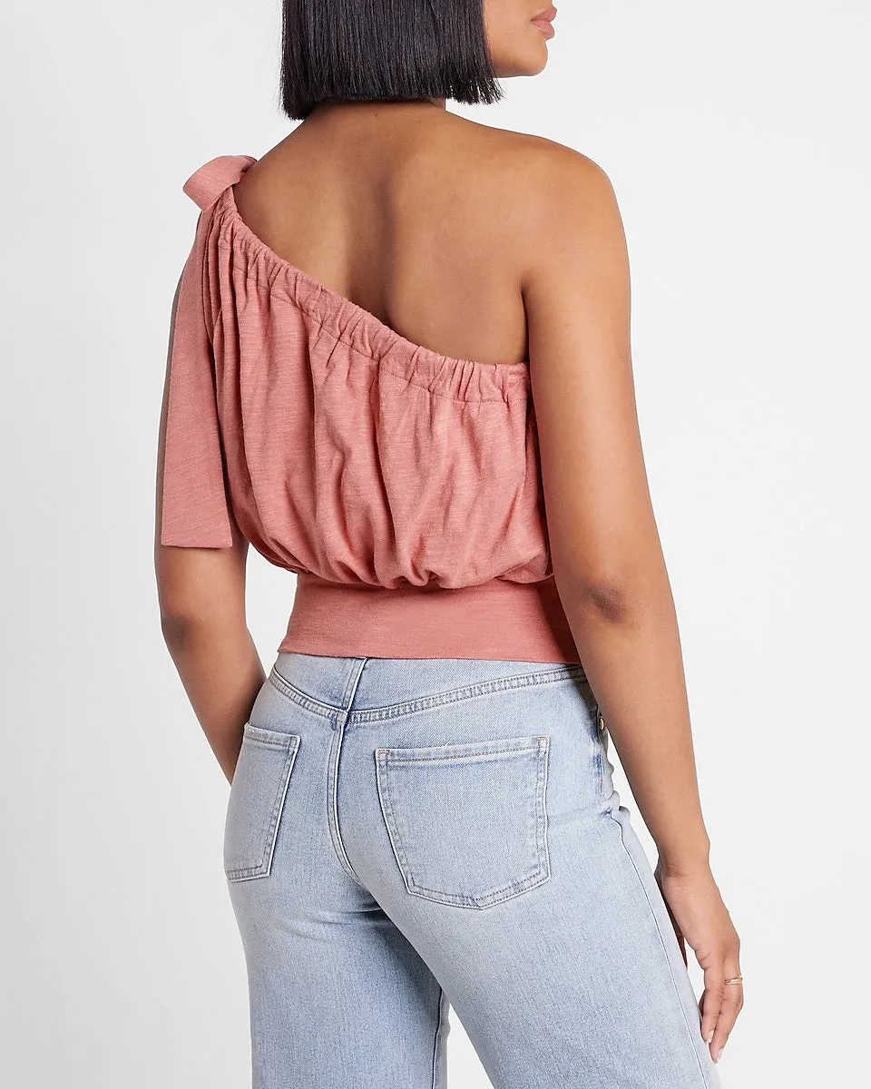 Tie One Shoulder Banded Bottom Bubble Tank in Coral Blush
