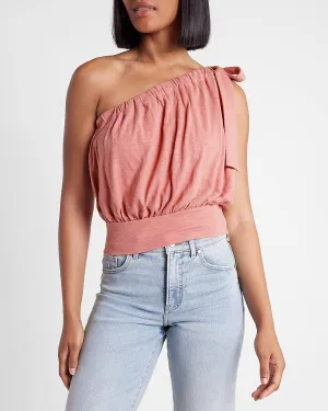 Tie One Shoulder Banded Bottom Bubble Tank in Coral Blush