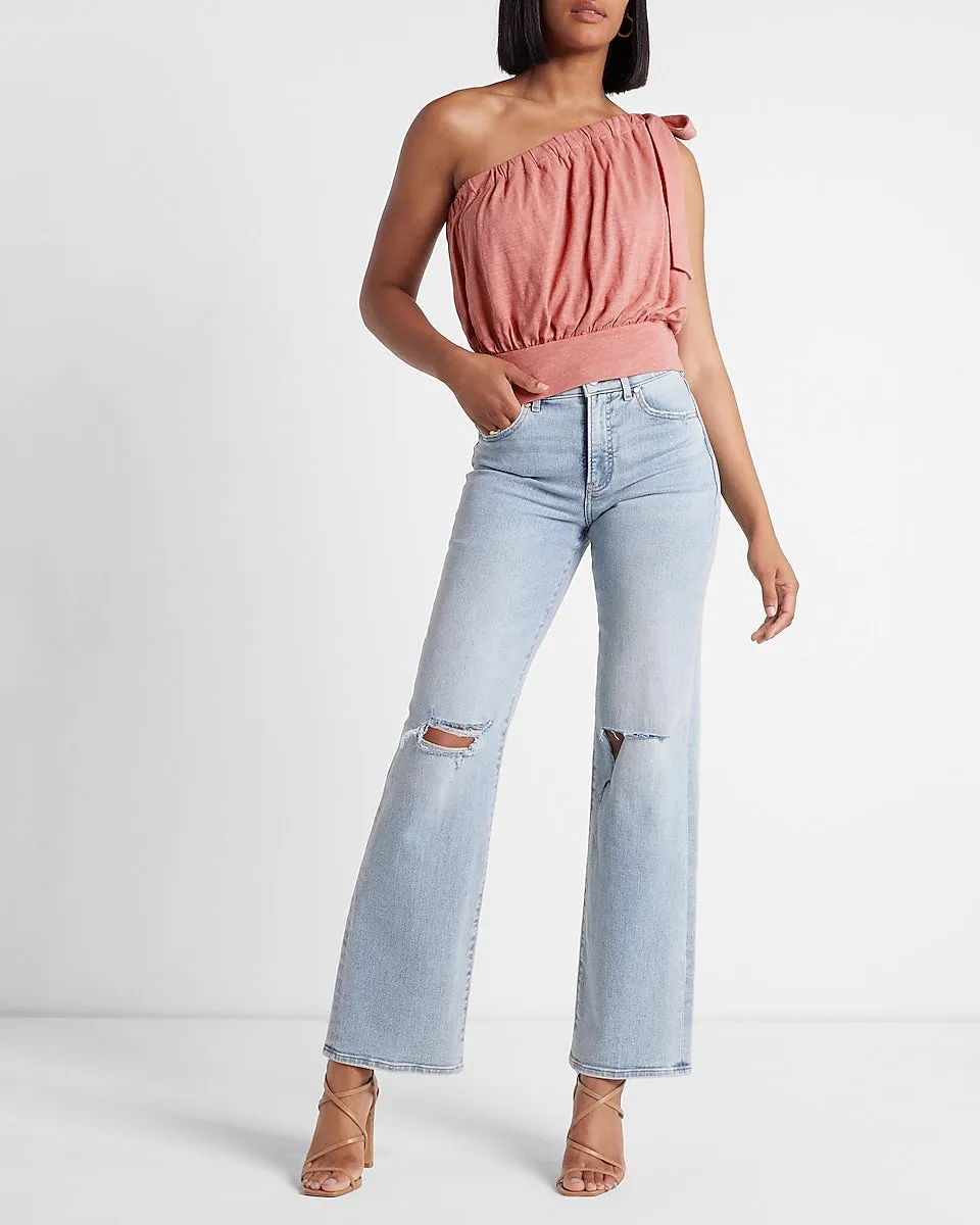 Tie One Shoulder Banded Bottom Bubble Tank in Coral Blush