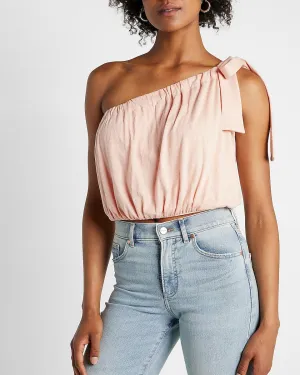 Tie One Shoulder Banded Bottom Bubble Tank in Pale Pink