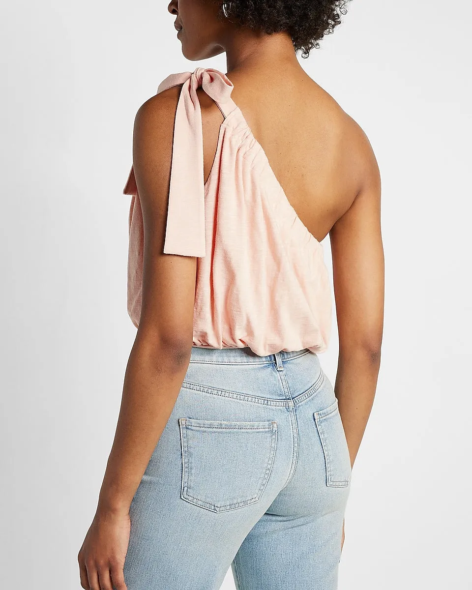 Tie One Shoulder Banded Bottom Bubble Tank in Pale Pink