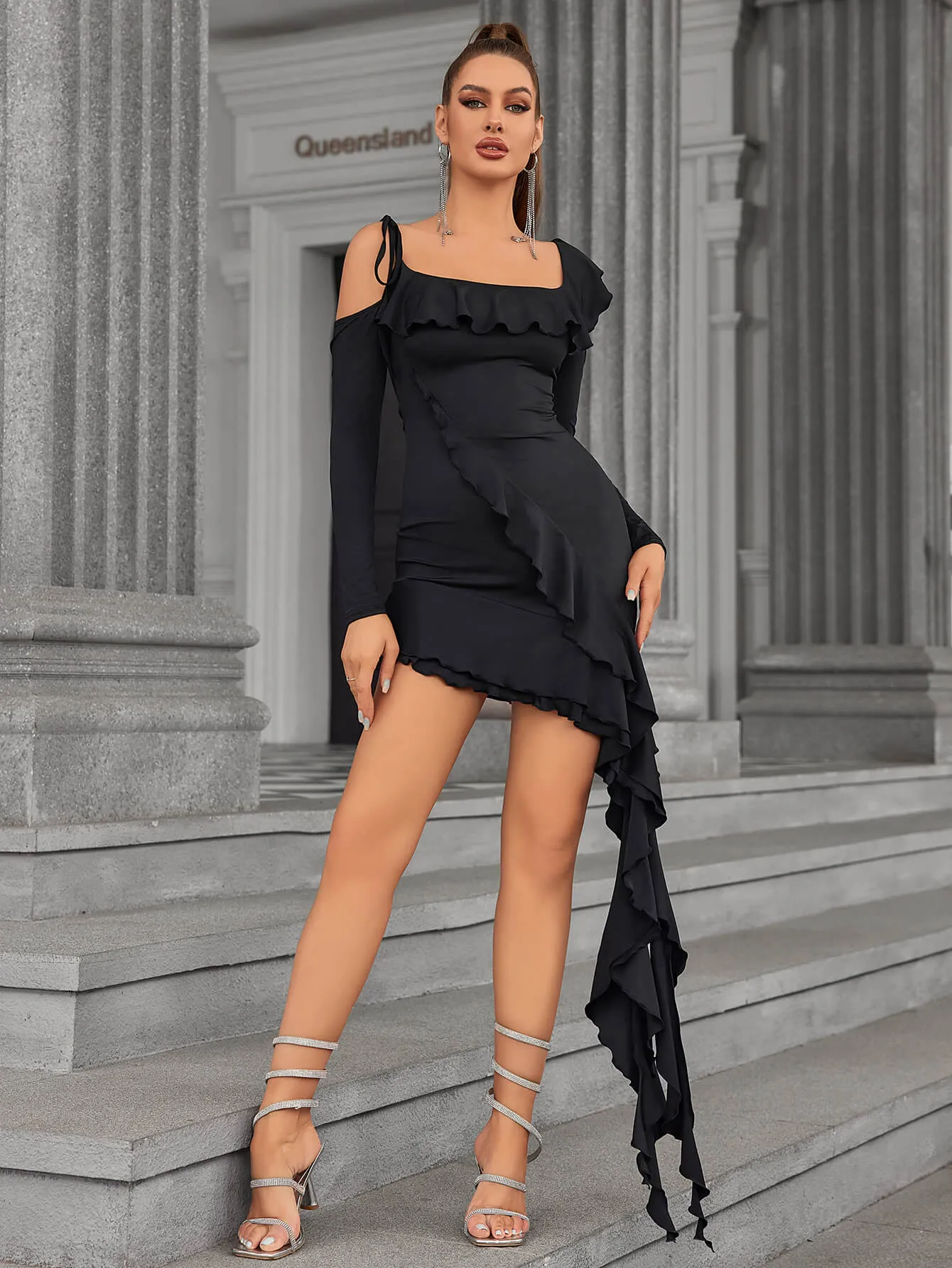 Tie Shoulder Asymmetrical Ruffle Hem Dress