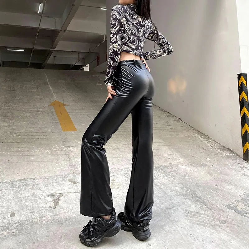 TINA: Flare Faux Leder Pants, elastisch