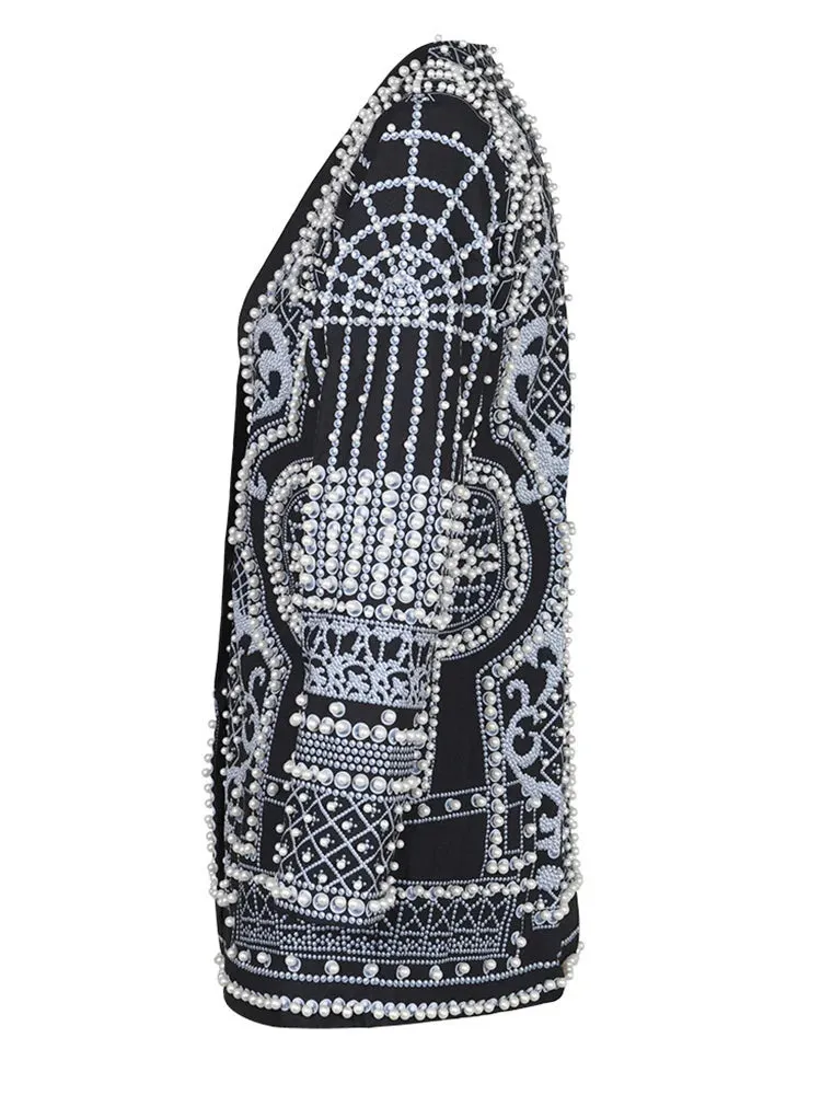 Trend4us Luxury Pearl-Embellished Blazer Jacket