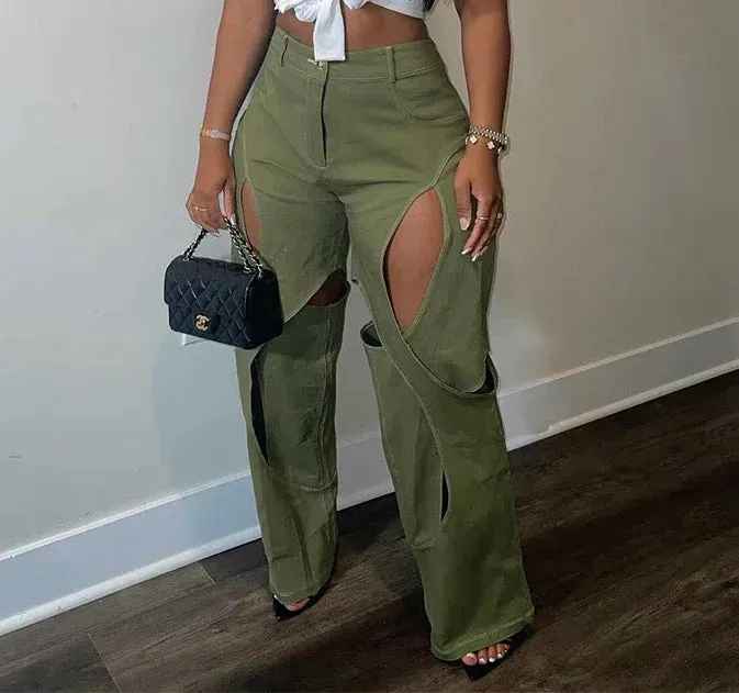Trendy High Waist Hollow Out Patchwork Pants