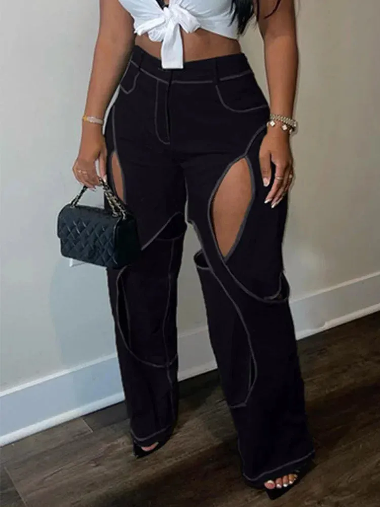 Trendy High Waist Hollow Out Patchwork Pants