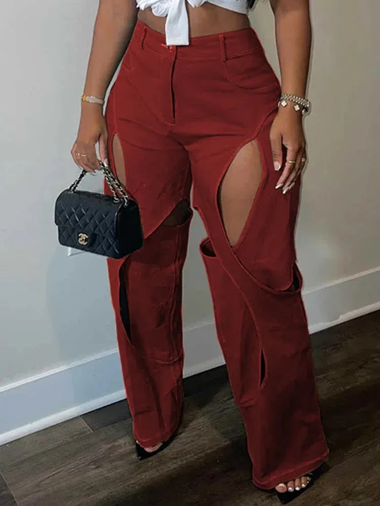 Trendy High Waist Hollow Out Patchwork Pants