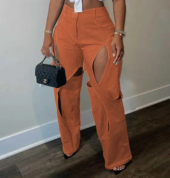 Trendy High Waist Hollow Out Patchwork Pants