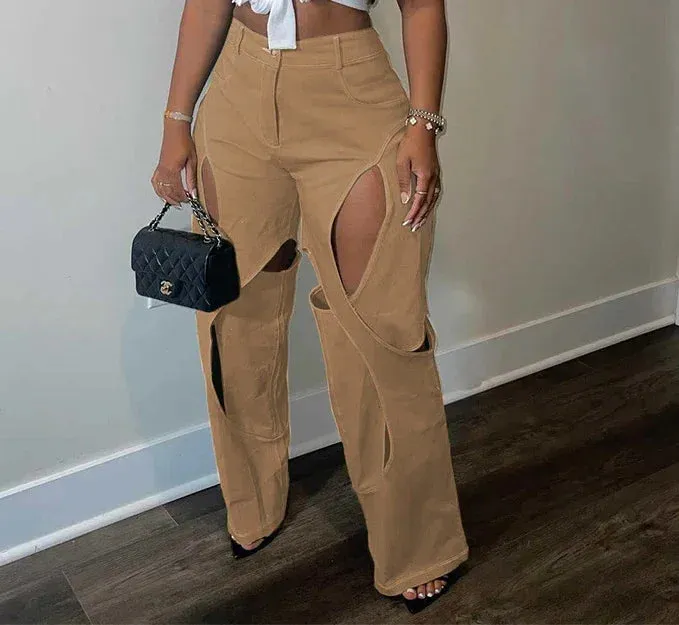 Trendy High Waist Hollow Out Patchwork Pants