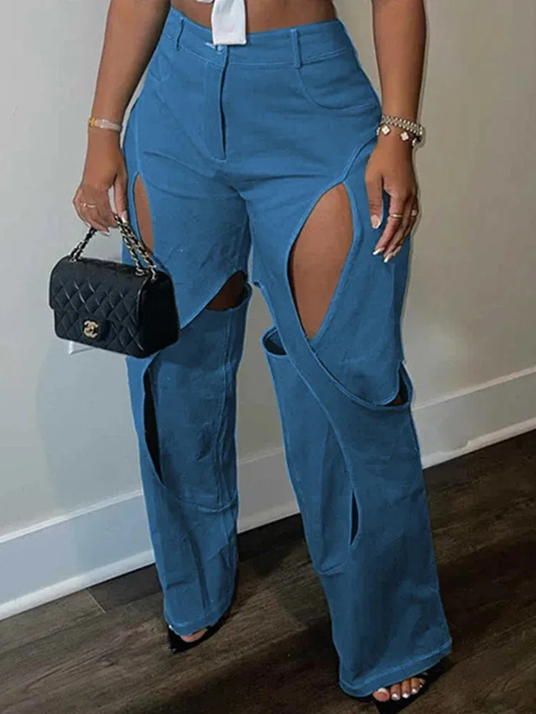 Trendy High Waist Hollow Out Patchwork Pants