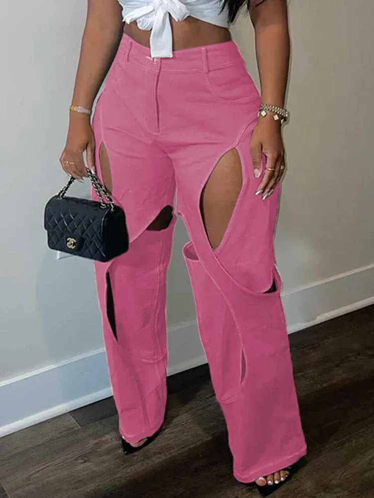 Trendy High Waist Hollow Out Patchwork Pants